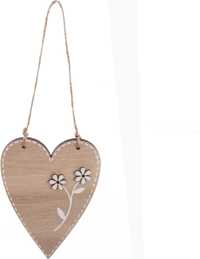Decoración colgante de madera en forma de corazón con flor beige 13 cm