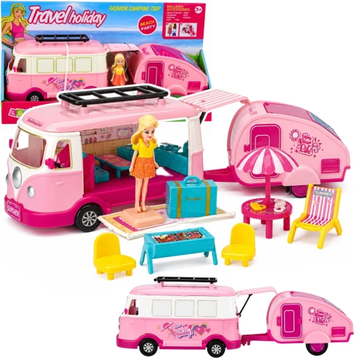 Camper de viaje rosa con remolque, muñeca y equipamiento de camping
