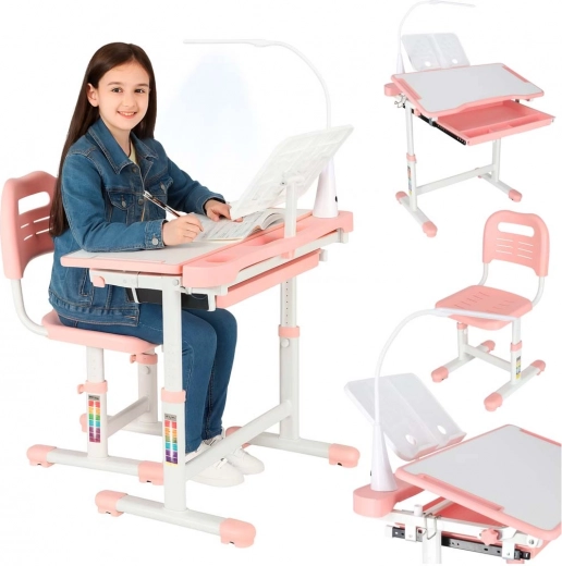 Escritorio infantil evolutivo con silla y lámpara LED, rosa