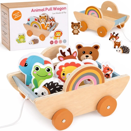 Carrito de arrastre de madera con 7 animalitos