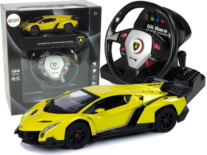 Lamborghini Veneno amarillo teledirigido 1:24 – mando tipo volante 2,4 GHz, luces y sonidos