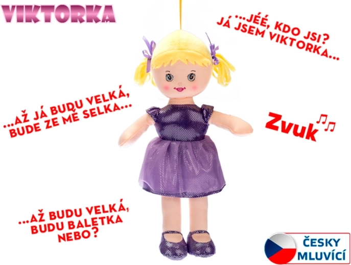 Muñeca de trapo parlante Viktorka, 32 cm, morada