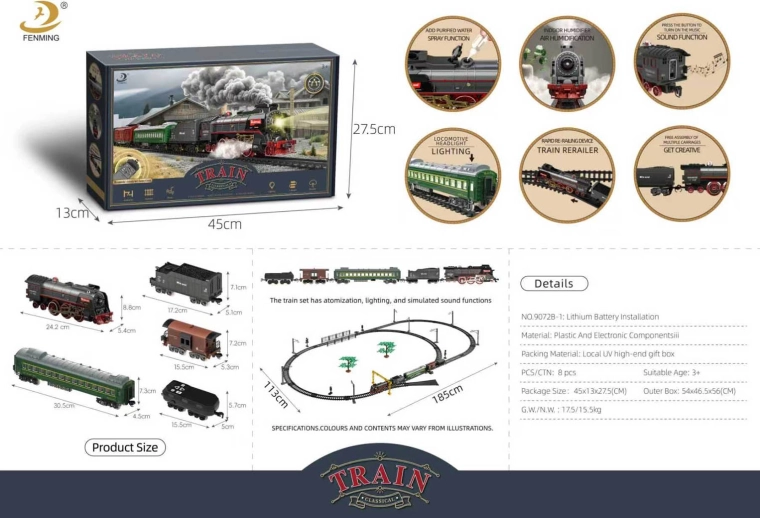 Circuito de tren retro con humo, sonido y luces de 185 × 113 cm