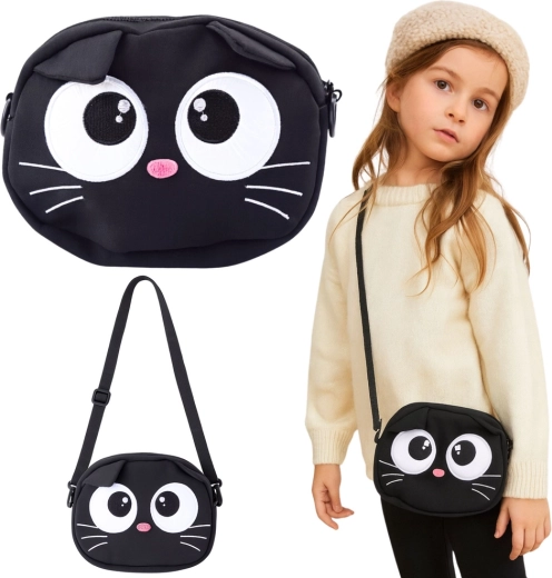 Bolso bandolera infantil de gatita con correa ajustable, negro 21 × 16 cm