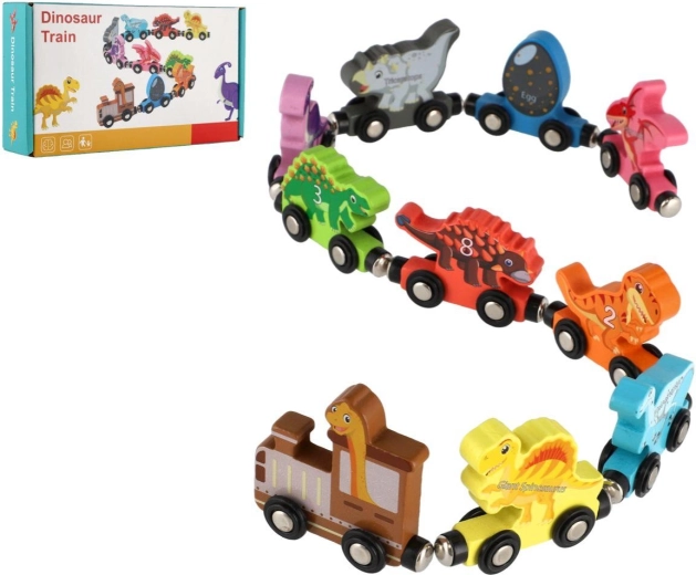 Tren de madera con dinosaurios y acoplamientos magnéticos, 10 piezas