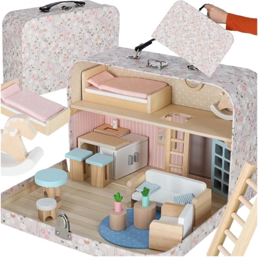 Casita de muñecas en maletín con accesorios y muebles de madera
