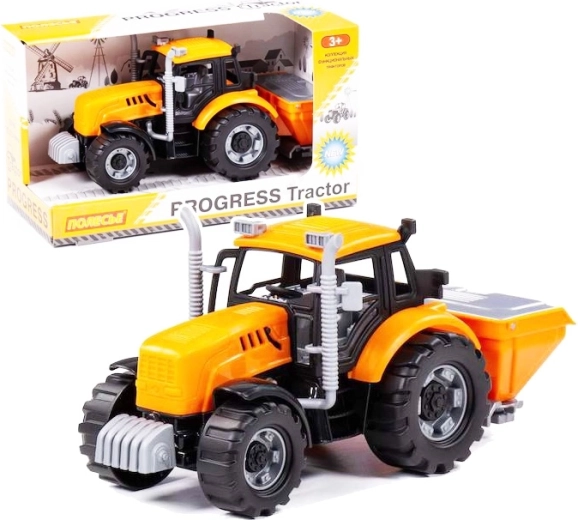 Tractor Progress con mecanismo de inercia con segadora y remolque basculante