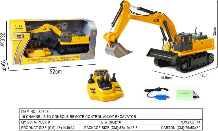 Excavadora RC amarilla con panel de control