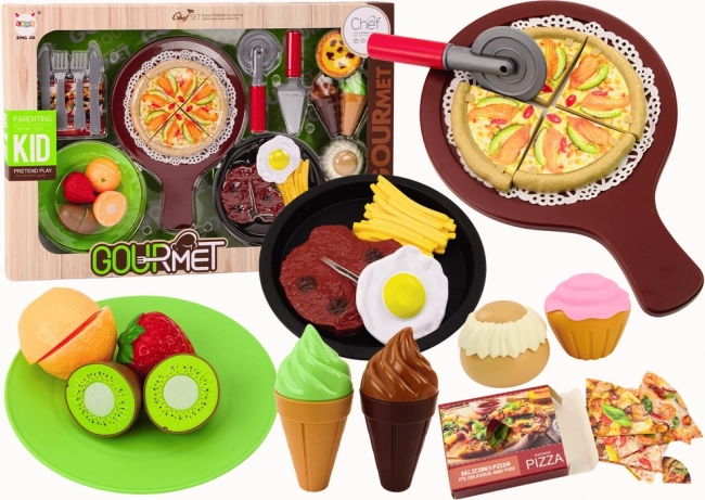 Set de cocina infantil con pizza, patatas fritas y postres – 26 piezas