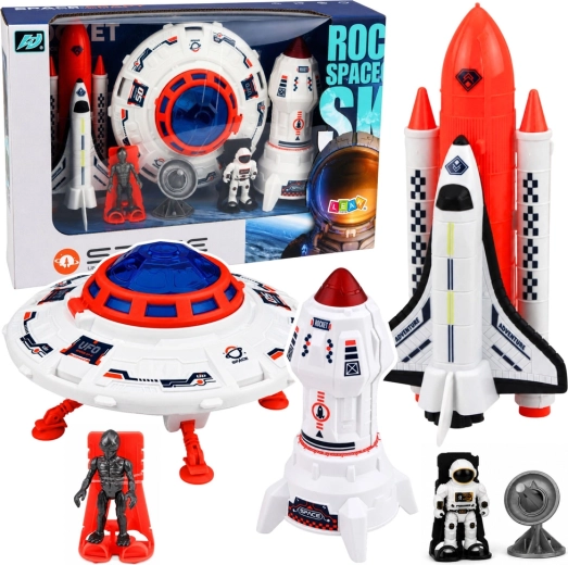 Set espacial de juguetes: ovni, cohete, transbordador, astronauta, extraterrestre y antena