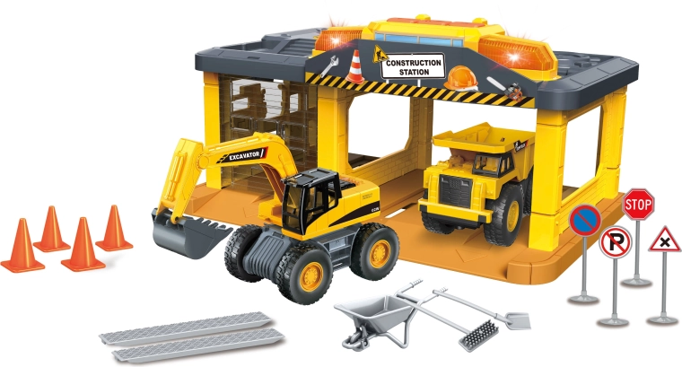Garaje de construcción con excavadora, camión y accesorios con luz y sonido