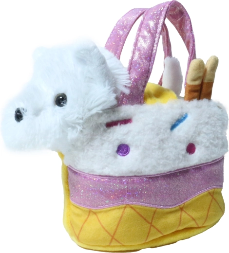 Perrito blanco de peluche en bolso con forma de helado, 15 cm
