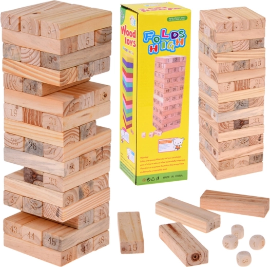 Torre inestable de madera – juego de destreza con piezas numeradas y 4 dados