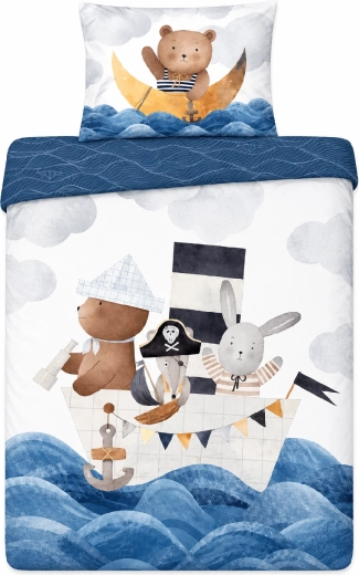 Ropa de cama de algodón luminosa para cuna Animales en el barco azul y blanca