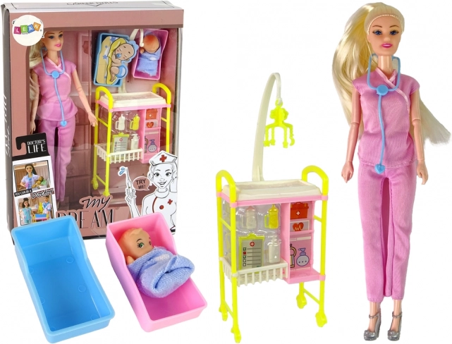 Muñeca doctora con pelo largo y accesorios