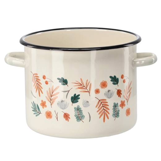 Olla esmaltada 5,5 l, diámetro 22 cm, color crema con motivo de hojas