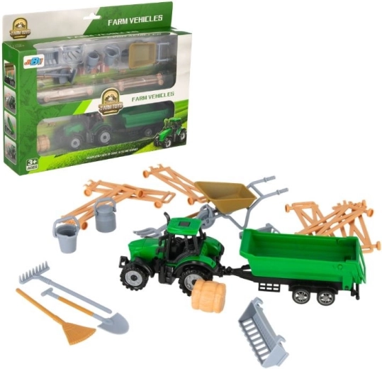 Tractor con remolque y accesorios de granja