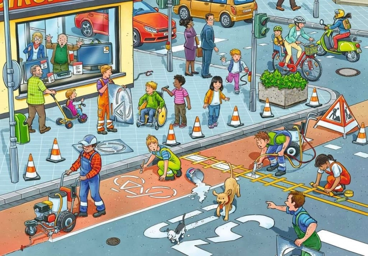 Animada escena urbana para niños curiosos