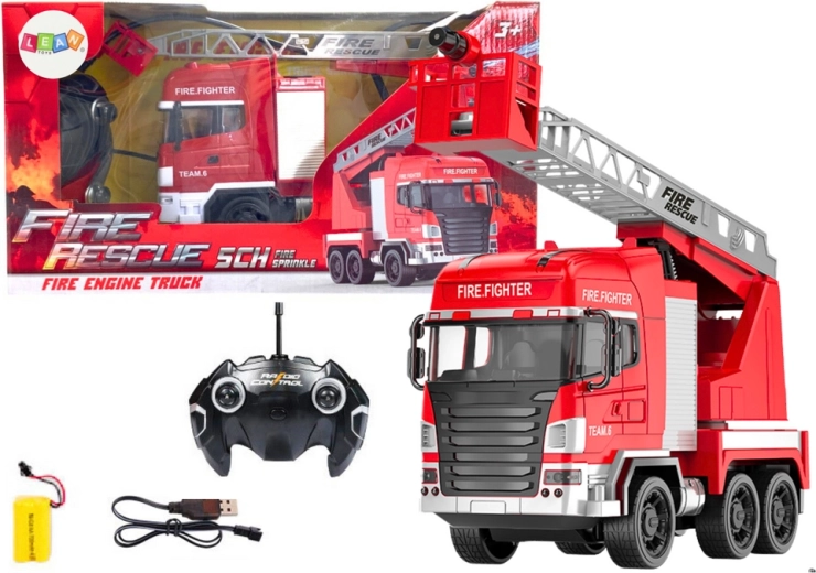 Coche de bomberos RC con escalera giratoria y spray de agua con luces
