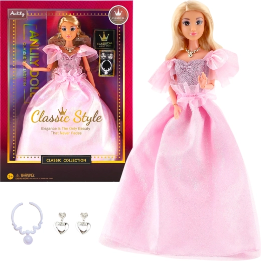 Muñeca de moda con vestido de gala rosa