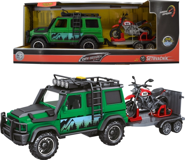 Vehículo City Service Car de guardabosques con remolque y moto 1:14 con sonidos y luces