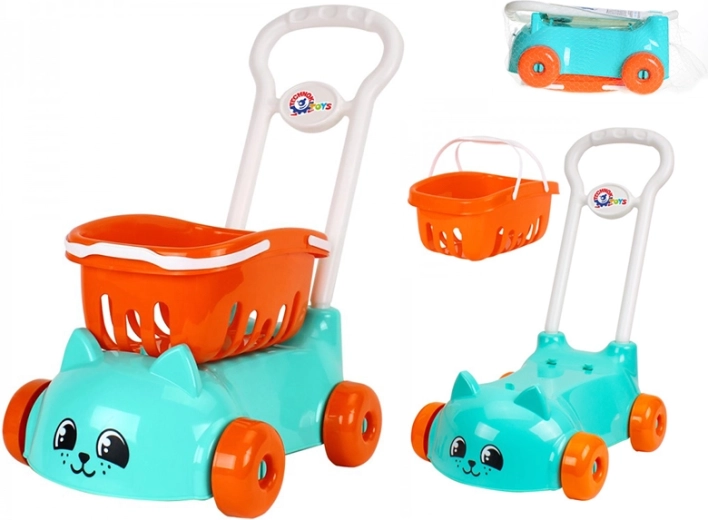 Carrito de compra infantil turquesa con motivo de gatito y cesta extraíble