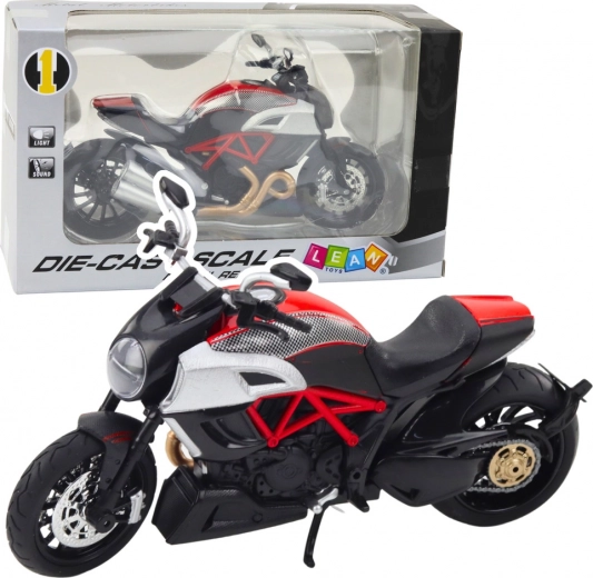 Motocicleta deportiva metálica 1:12 con luces y sonidos – negra con elementos dorados y rojos
