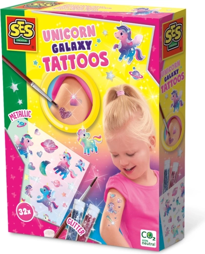 SES tatuajes con purpurina galaxy unicornios