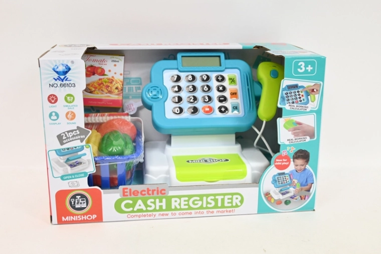 Caja registradora infantil a pilas con calculadora, escáner y accesorios