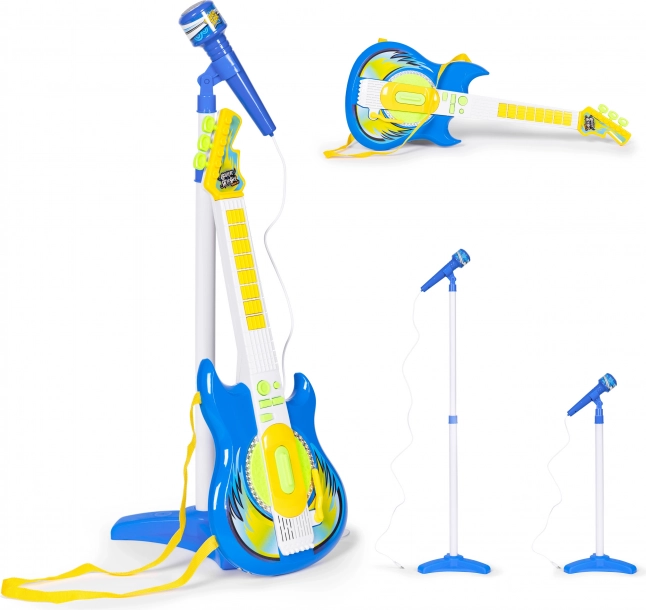 Guitarra eléctrica con micrófono y soporte para niños, compatible con MP3, azul