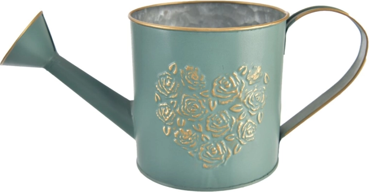 Regadera decorativa de hojalata con corazón verde-dorada