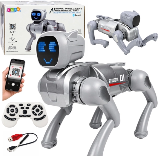 Perro robot interactivo con IA y pantalla LED plateada, control remoto
