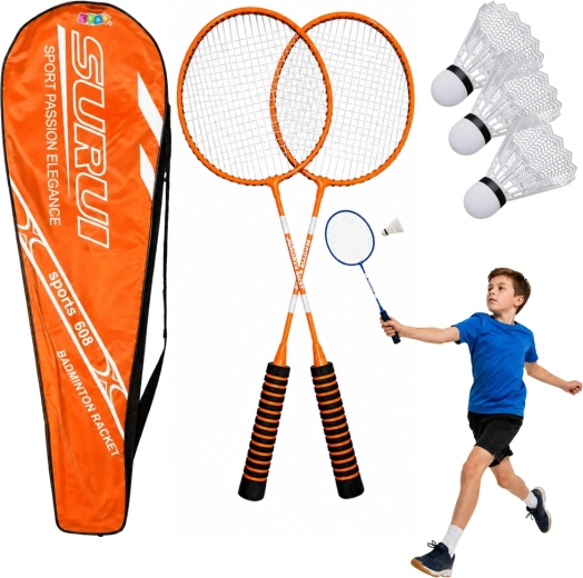 Set de bádminton con 2 raquetas, 3 volantes y funda, naranja