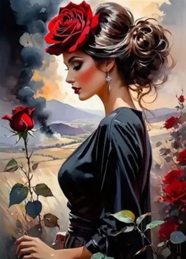 Pintura de diamantes – mujer con rosa 30 × 40 cm