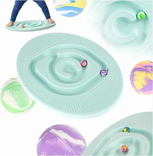 Tabla de equilibrio infantil con laberinto de canicas, color menta