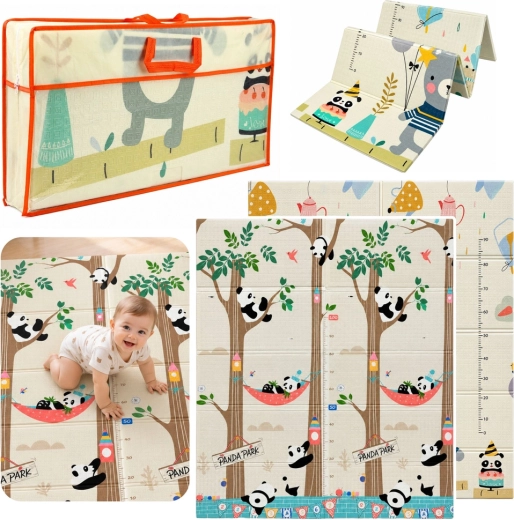 Alfombra educativa plegable de espuma de doble cara para niños, con pandas y ositos, 180 × 150 cm