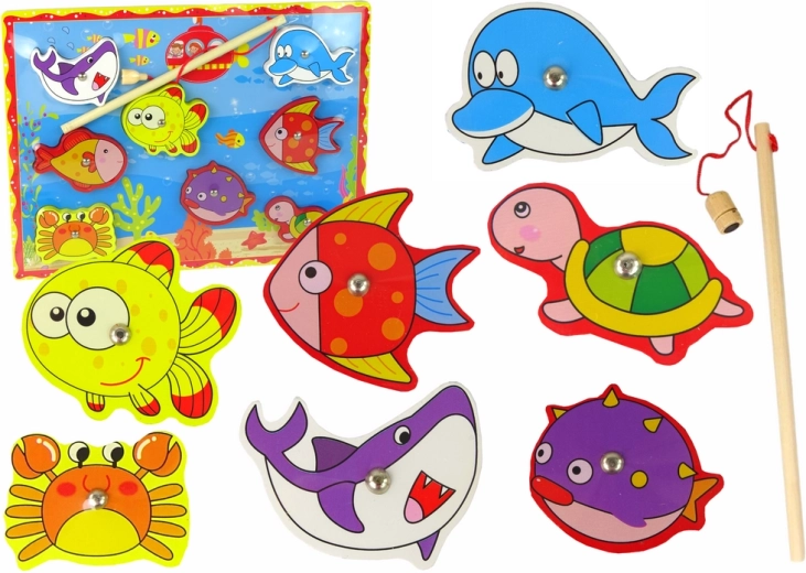 Set de pesca magnético de madera con peces de colores