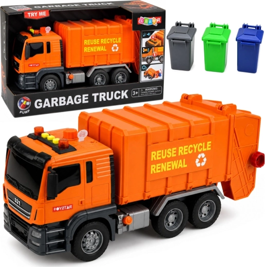 Camión de basura infantil con luces y sonidos y 3 cubos, naranja