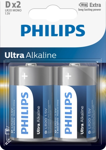 Pilas Philips Ultra Alkaline D (LR20), 1,5 V – 2 uds.