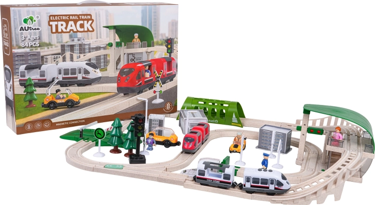 Circuito de tren urbano con luces y sonidos, 80 piezas