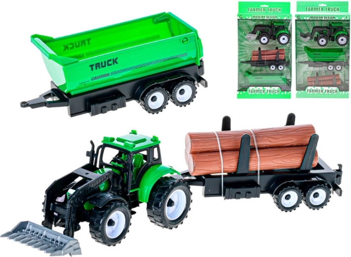 Tractor verde con cargador frontal y 2 remolques intercambiables con mecanismo de inercia