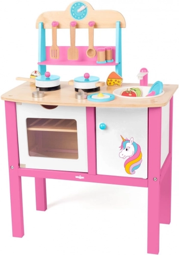 WOODY cocina infantil de madera unicornio – 17 piezas de accesorios, altura 50 cm