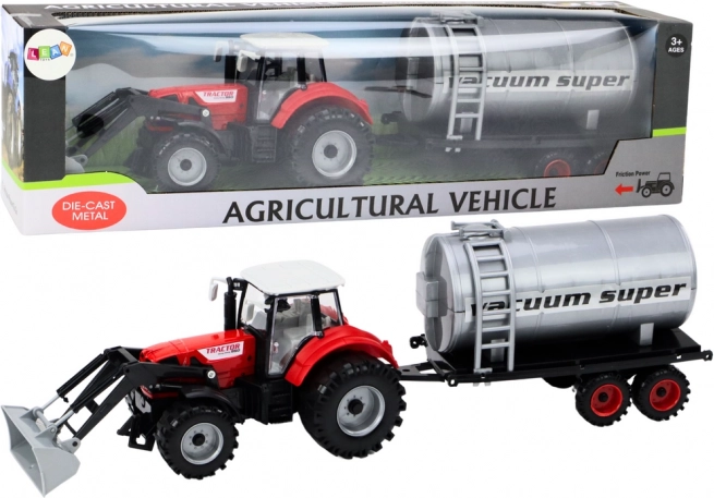 Tractor de juguete con cisterna de propulsión por fricción en rojo