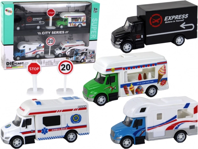 Set de mini vehículos con tracción por muelle 1:87: camión, ambulancia, furgón de helados y caravana