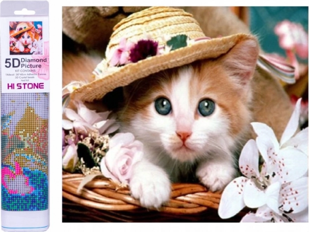Pintura de diamantes gatito con sombrero de paja 30 × 40 cm