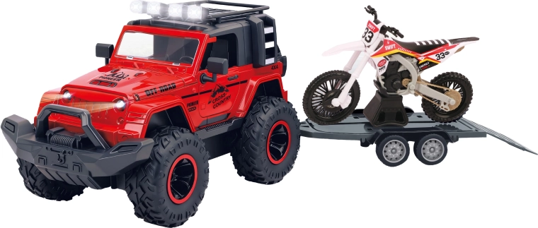 Coche todoterreno con remolque y moto con efectos de luz y sonido 43 cm