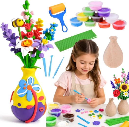 Set creativo DIY para hacer flores con pasta ligera de secado al aire con jarrón (28 piezas)