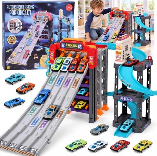 Pista de coches y garaje de aparcamiento de cinco niveles 4 en 1 con espiral, lanzador y estación de servicio + 8 coches