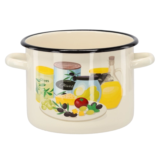 Olla esmaltada de 4,5 l, 20 cm, color crema con motivo de aceitunas