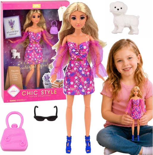 Muñeca de moda Anlily con vestido rosa, perrito y accesorios 30 cm